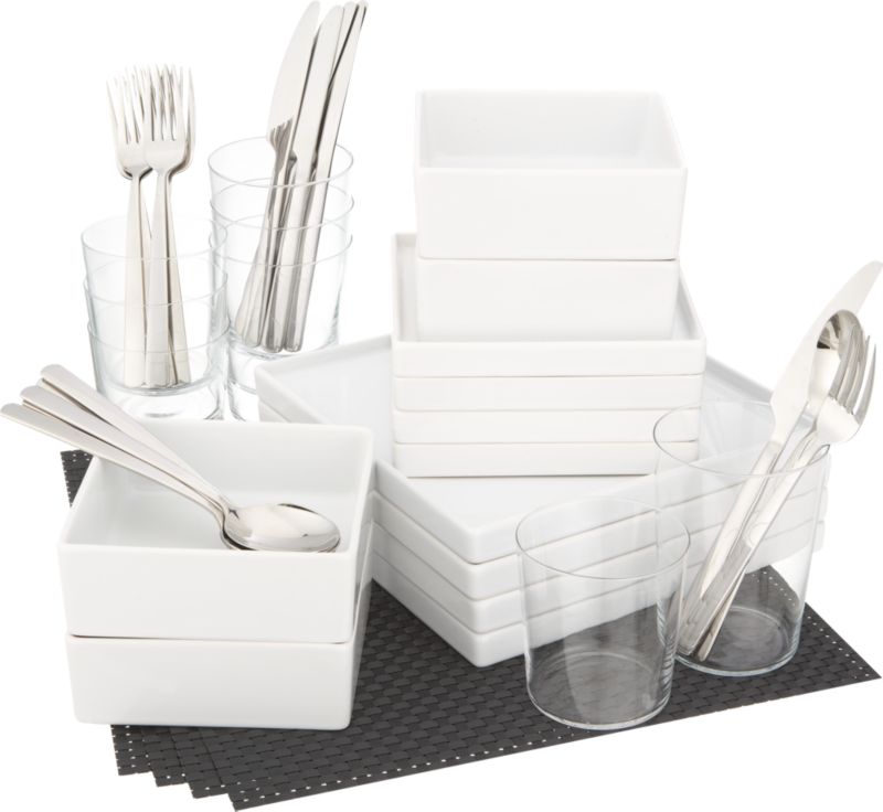 4 square carbon starter set: four each bento dinner plates, salad plates, soup bowls; 6 each party spoons, forks, knives; 4 each marta coolers, double old-fashioneds; 4 carbon basketweave placemats.