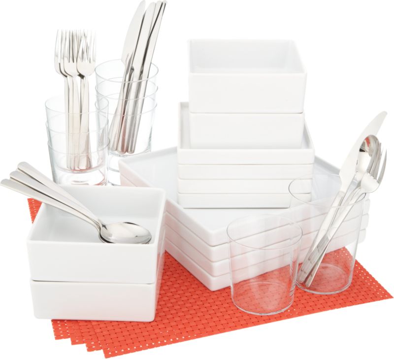 4 square hot orange starter set: four each bento dinner plates, salad plates, soup bowls; 6 each party spoons, forks, knives; 4 each marta coolers, double old-fashioneds; 4 hot orange basketweave placemats.