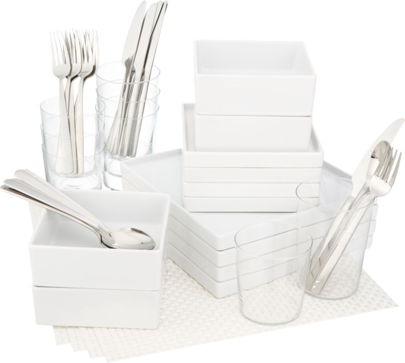 4 square white starter set: four each bento dinner plates, salad plates, soup bowls; 6 each party spoons, forks, knives; 4 each marta coolers, double old-fashioneds; 4 white basketweave placemats.