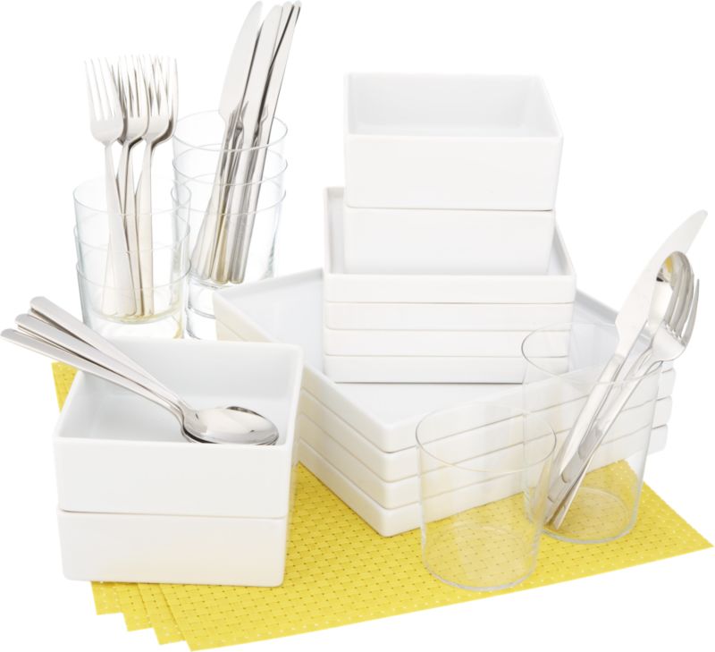 4 square yellow starter set: four each bento dinner plates, salad plates, soup bowls; 6 each party spoons, forks, knives; 4 each marta coolers, double old-fashioneds; 4 yellow basketweave placemats.