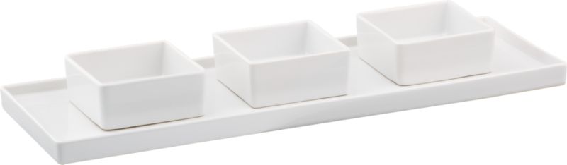 4-piece bento serving set: one 17.5"Wx5.875"D platter and  three 3.5"sq.x1.5"H mini bowls.