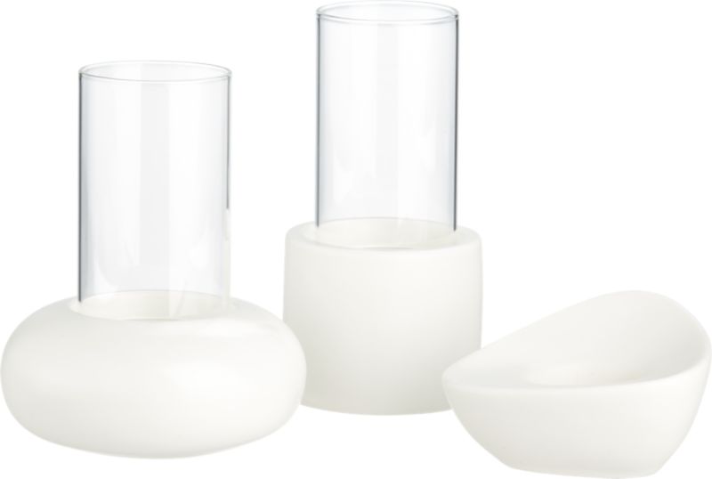 3-piece ceramic candleholder set: one each of 4.5"dia.x2"H round with 4"H glass shade, 3"dia.x2.5"H cylinder with 4"H glass shade, 2.25"dia.x4"H organic.