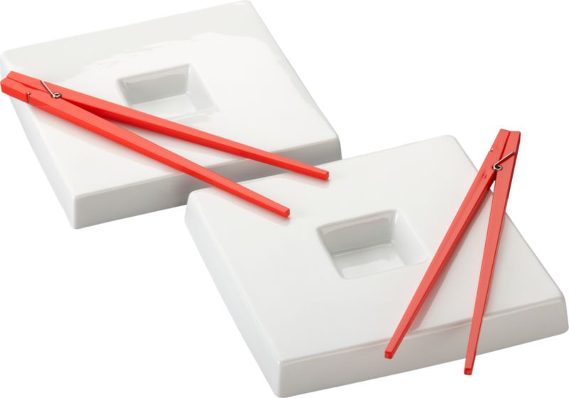 2-piece set: two red 9" chopsticks, two 7" sq. sushi plates.