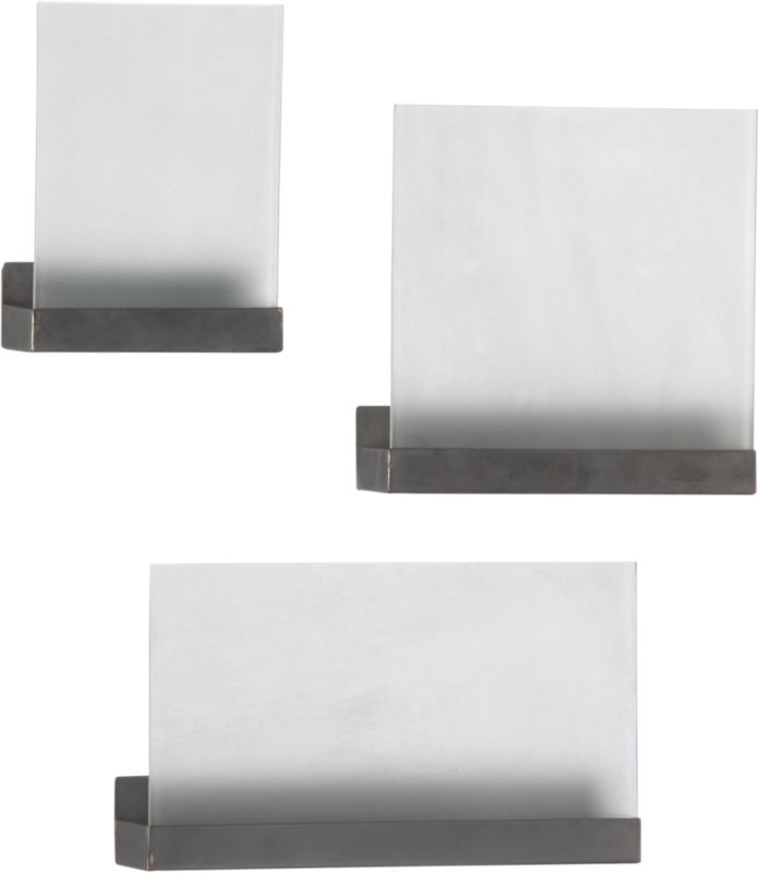 3-piece set: 6"wx3"dx1"h (glass 6"wx8"h) small, 9"wx3"dx1"h (9" sq. glass) medium, 12"Wx3"Dx1"H (12"Wx7"H glass) large.