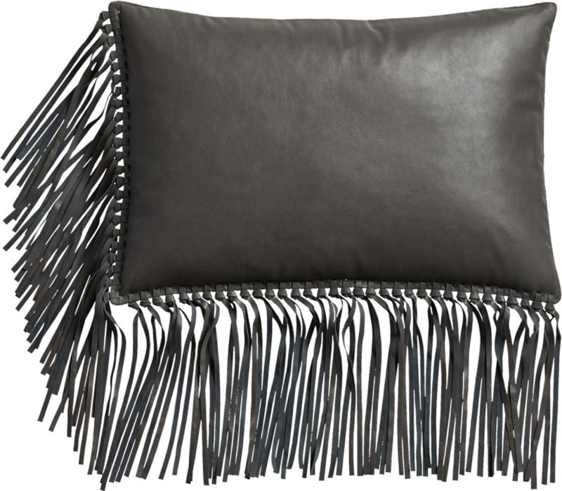 leather fringe grey 18"x12" pillow with featherdown insert CB2