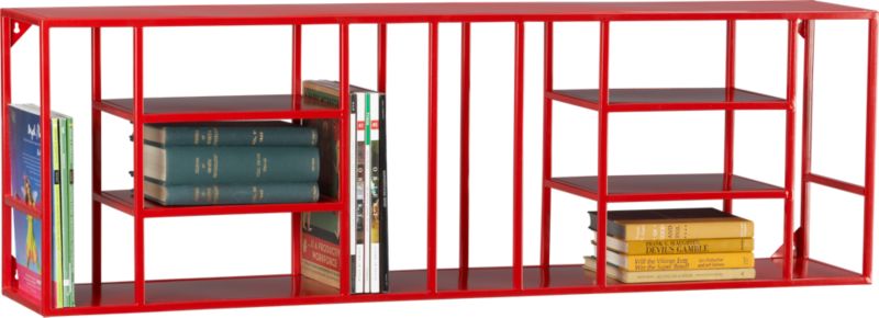 red wall bookshelf