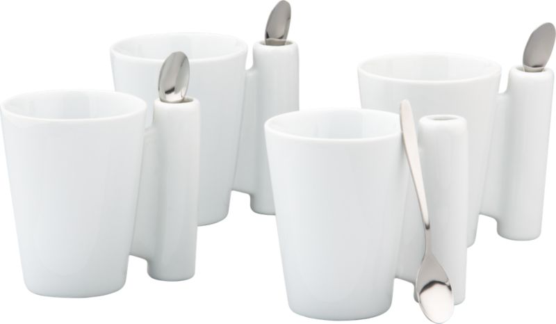 8-piece white set: four 7-oz.; 4"Wx3"Dx4"H coffee mugs and four 3" spoons.