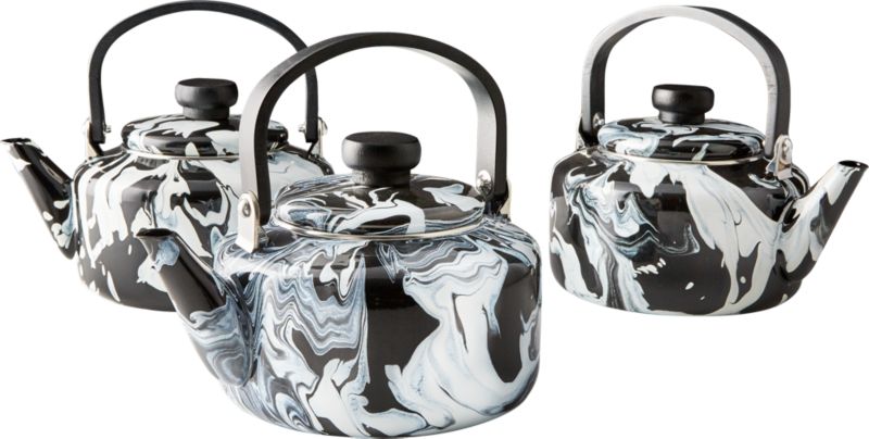 Brew Marbleized Black White Enamel Teapot