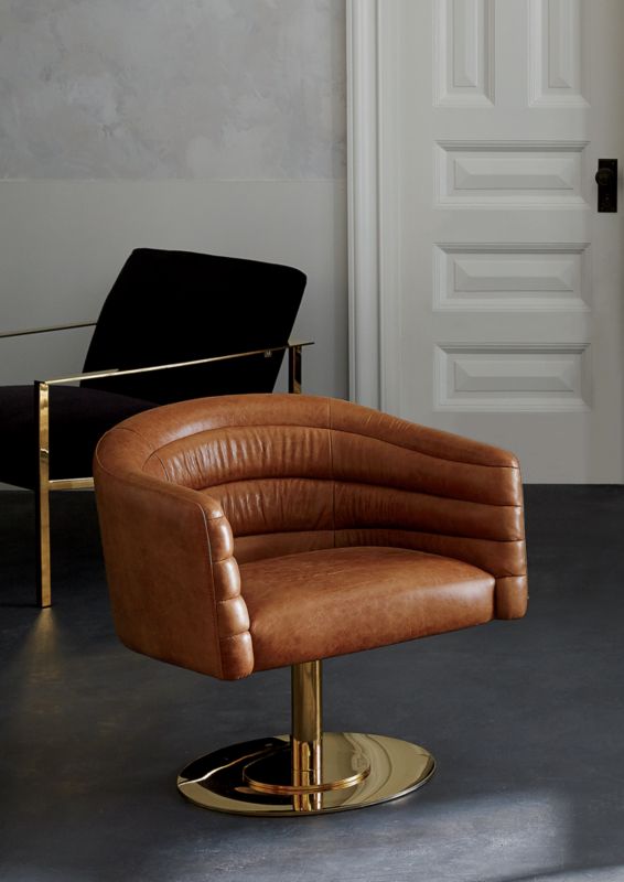 CB2 February Catalog 2019 Cupa Saddle Leather Swivel Base Chair