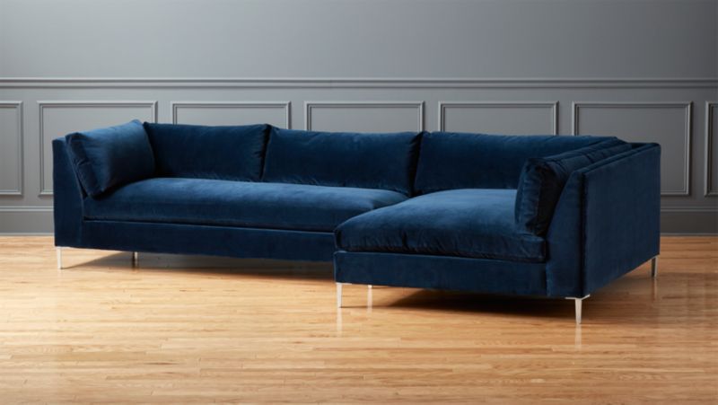 decker 2-piece navy blue velvet sectional sofa | CB2