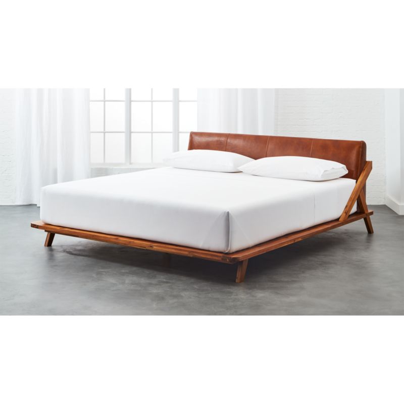 drommen acacia king bed with leather headboard CB2