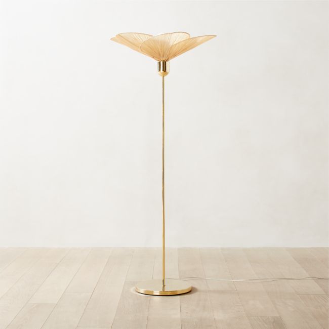 Online Designer Combined Living/Dining Emile Rattan and Polished Brass Floor Lamp
