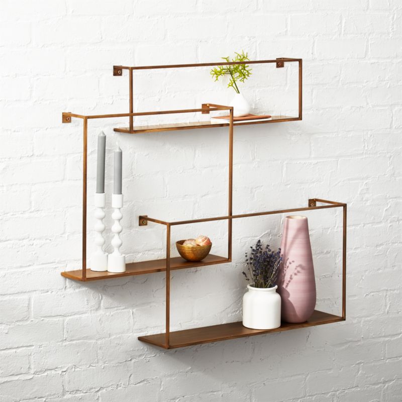 CB2 - April Catalog 2018 - Antiqued Brass Floating Shelves Set of 3