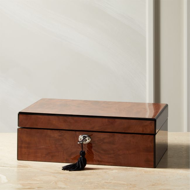 Elegant Burl Wood Glossy Mens Valet Ebony Large Jewelry Box