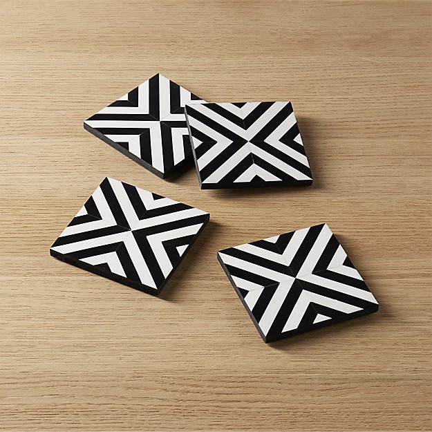 set of 4 inlay wood black and white coasters CB2