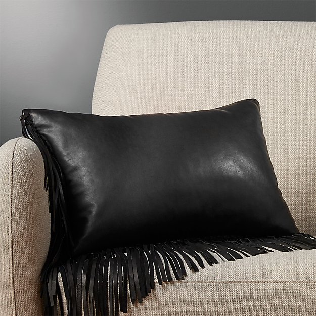 18"x12" leather fringe black pillow CB2