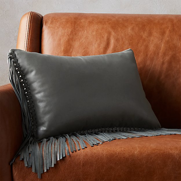 18"x12" leather fringe grey pillow CB2