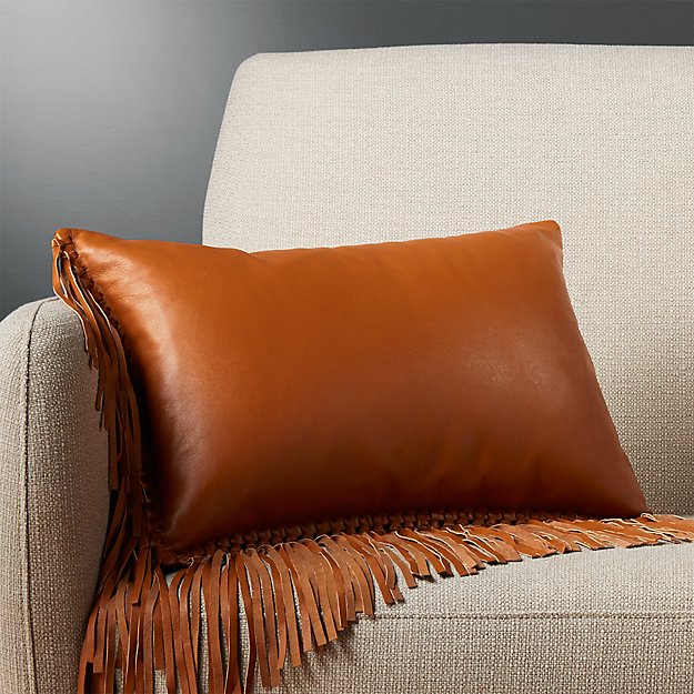 18"x12" Brown Leather Fringe Pillow CB2