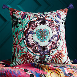18" peacock hearts with tassels pillow with down-alternative insert