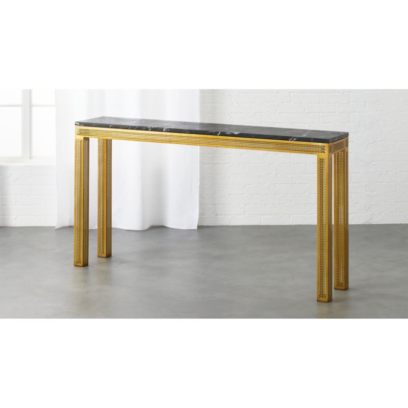 perforated gold and marble console table CB2