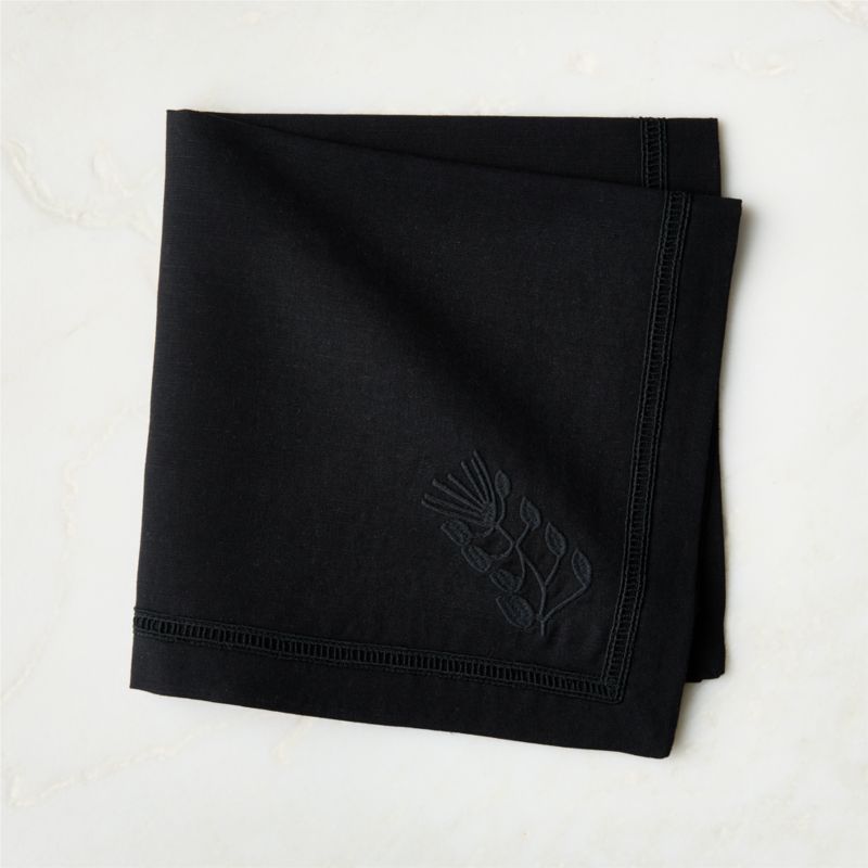 Rene Black Organic Cotton and Linen Embroidered Napkin