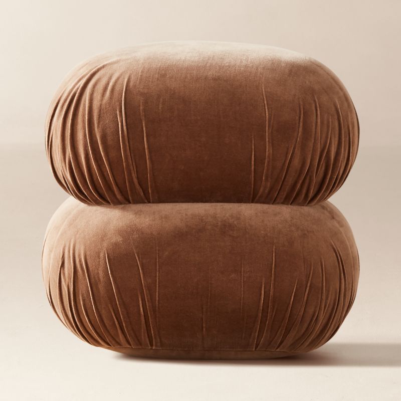 Ruched Dark Beige Velvet Pouf
