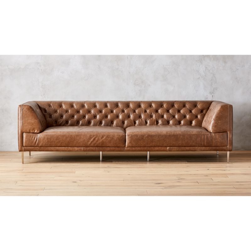 Savile Dark Saddle Leather Tufted Extra Large Sofa  CB2