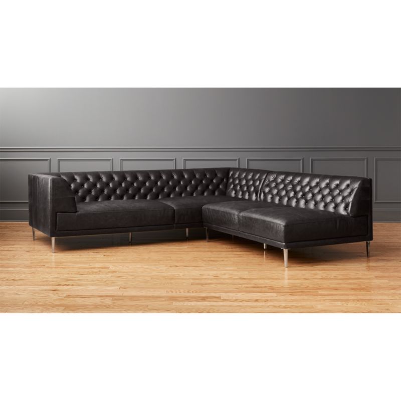 savile black leather tufted sectional sofa