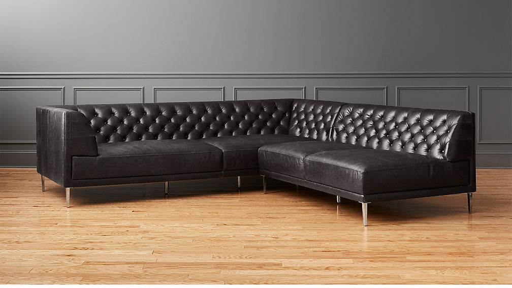 Savile Black Leather Tufted Sectional Sofa CB2