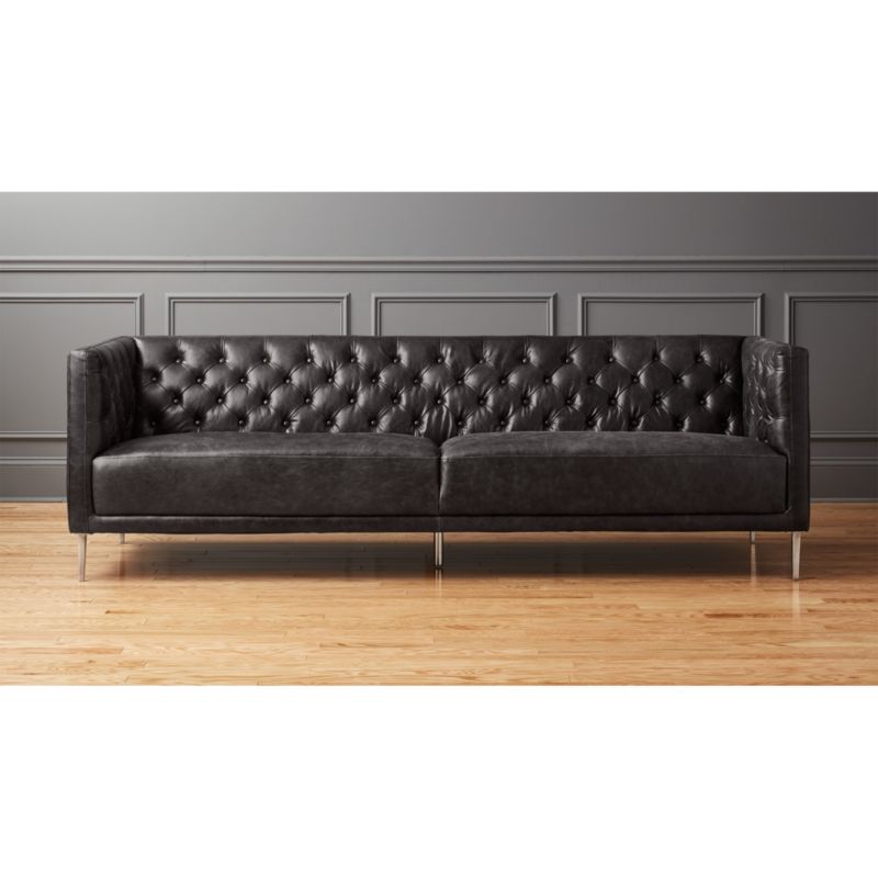 black leather tufted sofa