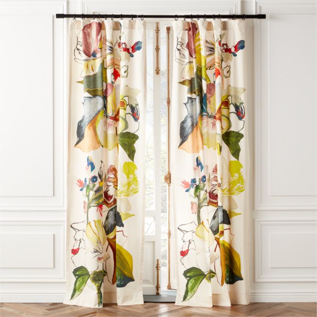 CB2 Jungle Floral Window Curtain Panel White 48x84