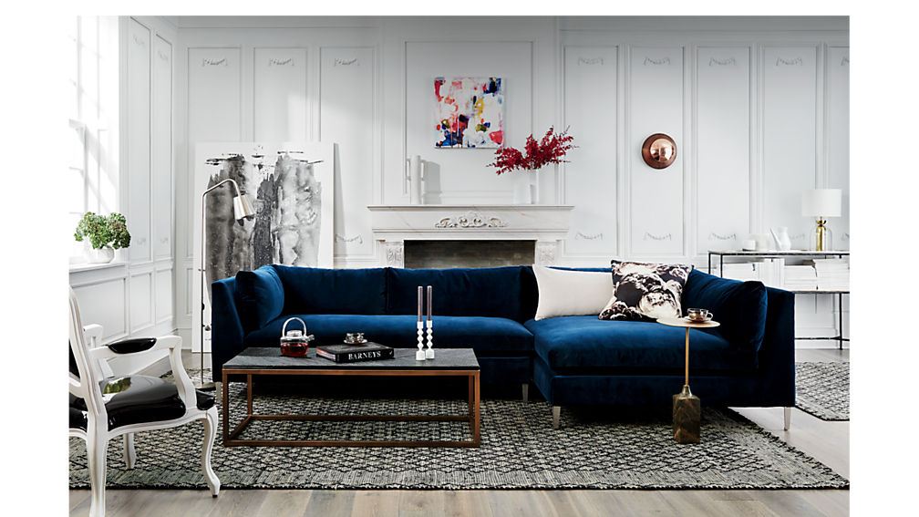 decker 2piece navy blue velvet sectional sofa CB2